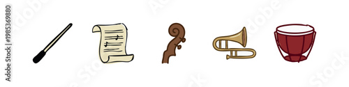Vibrant colored music icons: conductor's baton, musical score, cello, trombone, and drum.
