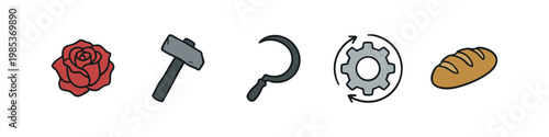 Iconic symbols of labor and sustenance: rose, hammer, sickle, industrial gear, and bread loaf.