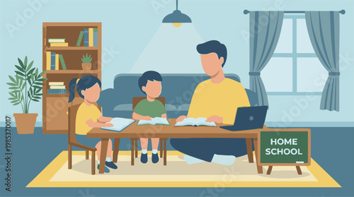 Homeschooling with father teaching two children at home, online education.