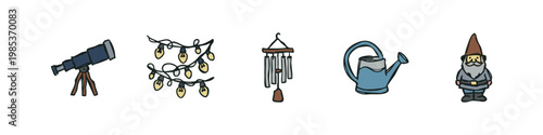 Outdoor and Garden Decor Icons - Telescope, Lights, Wind Chime, and Gnome Set