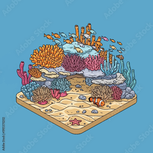 Vibrant coral reef ecosystem illustration with fish.