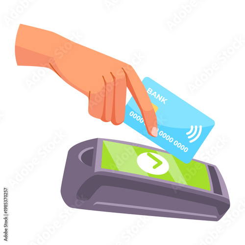 Hand with card tapping terminal in flat style on white background showing payment method concept. Vector illustration