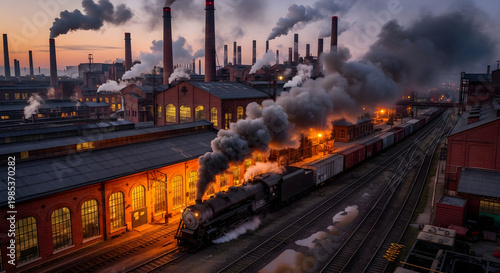 Industrial train station with smoke billowing from trains and factories at dusk