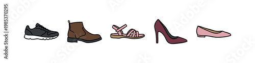 Collection of diverse footwear: sneakers, boots, sandals, heels, flats