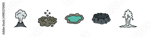 Geological and natural phenomenon icons: volcano, mud pot, hot spring, crater, geyser