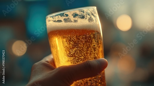 Close up of a hand holding a cold refreshing golden lager beer with frothy head and bubbles in a clear glass with soft golden hour lighting and blurred colorful bokeh background outdoors