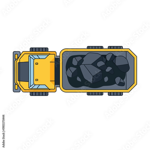 Overhead view of a yellow dump truck filled with coal, isolated on white background
