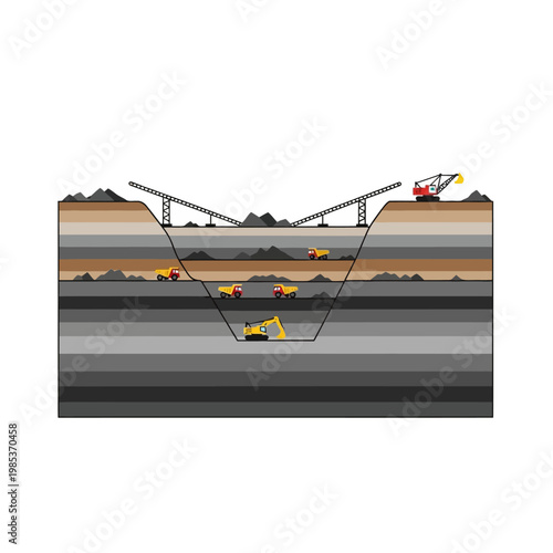 Open Pit Mine Excavation Site with Trucks and Excavator, Layered Earth
