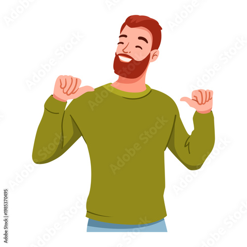 Cartoon man pointing at himself on white background, expressing confidence and selfbelief in a concept. Vector illustration