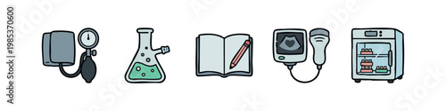 Medical and Laboratory Icons: Blood Pressure Monitor, Flask, Notebook, Ultrasound, Incubator