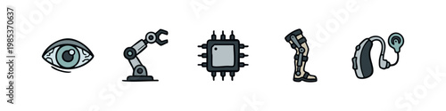 Biotechnology and Medical Icons: Eye, Robot Arm, Chip, Prosthetic Leg, Hearing Aid