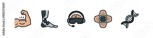 Fitness and Health Icons: Bicep, Prosthetic Leg, VR Headset, Bandage, DNA