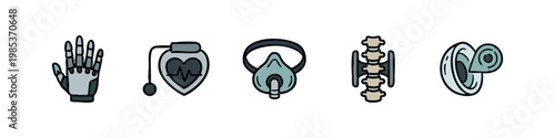 Medical and Rehabilitation Icons: Robotic Hand, Pacemaker, Mask, Spine, Cochlear Implant
