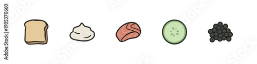 Sandwich Ingredients Icons: Bread, Mayonnaise, Salmon, Cucumber, Caviar