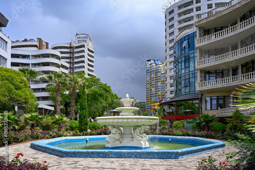 Decorative fountain in a park near hotels on the Sochi embankment, Krasnodar region of Russia