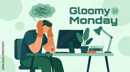 Overwhelmed person at desk on a Gloomy Monday, feeling stressed at work