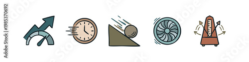 Set of 5 hand-drawn icons: growth chart, clock, falling ball, fan, metronome