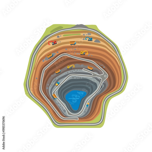 Aerial View of Open Pit Mine with Excavators and Trucks, Resource Extraction