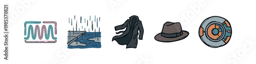 Mystery and spy icons: waveform, rain, trench coat, fedora, gear.
