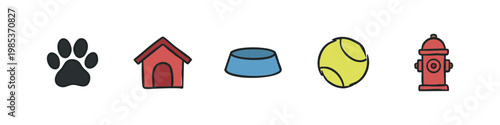 Dog accessory icons: paw print, doghouse, bowl, ball, hydrant.
