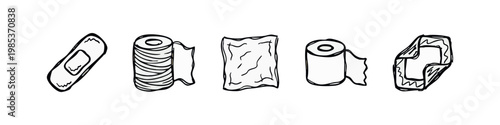 Medical bandage icons, sketched in black and white.