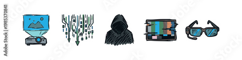Cyberpunk and tech icons: projector, data, hacker, tv, goggles.