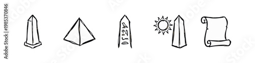 Ancient Egyptian icons: obelisk, pyramid, hieroglyphs, sun, scroll.