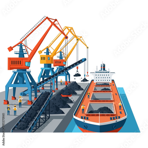 Coal loading onto cargo ship at industrial port with cranes and conveyor belt