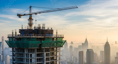 Construction workers build high-rise building with crane in cityscape at sunrise