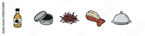 Gourmet Ingredients Icons: Olive Oil, Caviar, Saffron, Lobster, Cloche
