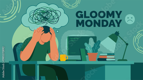 Person feeling stressed and overwhelmed at work on a gloomy Monday.