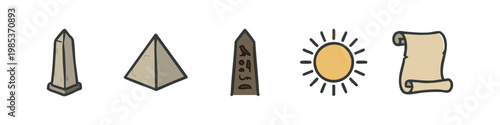 Ancient Egyptian icons: obelisk, pyramid, hieroglyphs, sun, scroll.