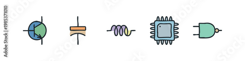 Set of 5 hand-drawn electronic component icons: transistor, capacitor, coil, chip, gate