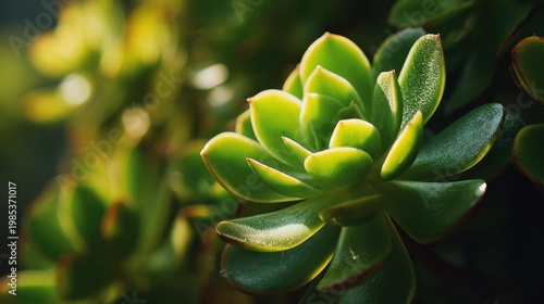 Close up of a vibrant green succulent plant with dew drops reflecting sunlight highlighting its layered leaves and textured surface with a soft blurred background creating a tranquil and natural