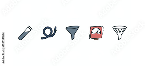 Set of 5 hand-drawn chemistry lab icons: test tube, hose, funnel, meter, funnel
