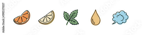 Set of 5 hand-drawn icons for flavors and ingredients: orange slice, lemon slice, mint leaves, oil drop, cloud