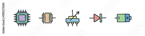Canvas Print Set of 5 hand-drawn electronic component icons: microchip, transformer, potentio