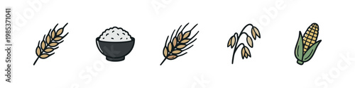Set of 5 hand-drawn grain and cereal icons: wheat, rice bowl, wheat, oats, corn