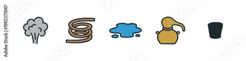 Set of 5 hand-drawn icons related to steam, liquid, and distillation: steam, pipe, puddle, alembic, glass