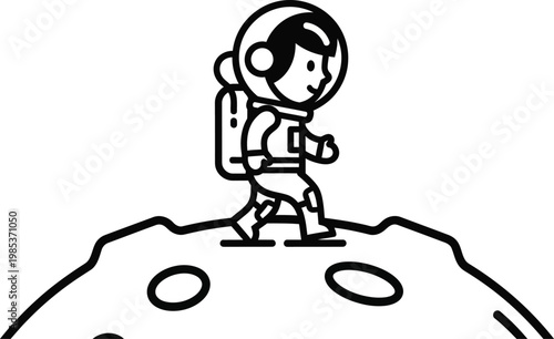 Cute Astronaut Walking on Moon Surface, Space Exploration Cartoon