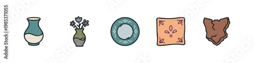 Set of 5 hand-drawn pottery and decor icons: vase, flowers, plate, tile, pottery shard