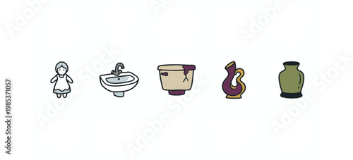 Set of 5 hand-drawn pottery and plumbing icons: vase, sink, toilet, jug, vase