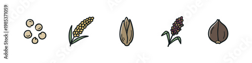 Set of 5 hand-drawn seed and grain icons: peas, millet, grain, sorghum, buckwheat
