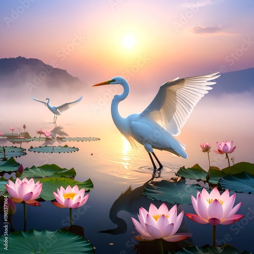 Herons on the lake with lotus flowers