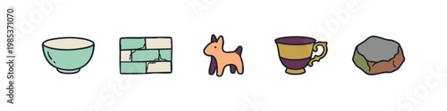 Set of 5 hand-drawn icons: bowl, tile, animal, cup, stone