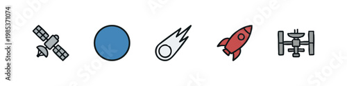 Space-themed hand-drawn icons: satellite, planet, comet, rocket, space station