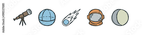 Set of 5 hand-drawn icons: telescope, geometric sphere, comet, astronaut helmet, moon phase