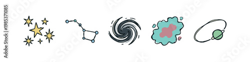 Hand-drawn icons representing celestial bodies and space phenomena: stars, constellation, galaxy, nebula, planet