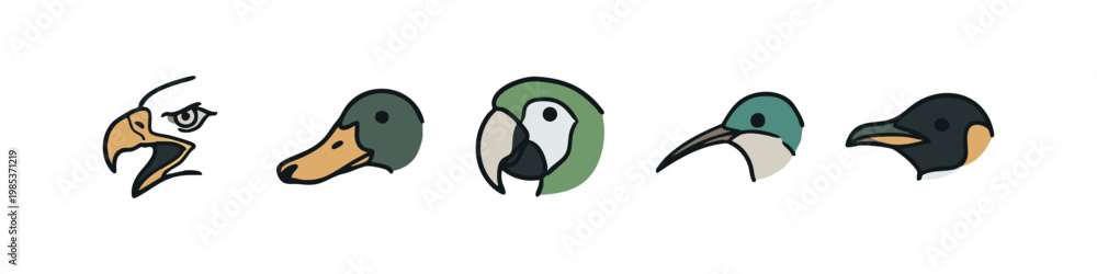 Fototapeta premium Bird Head Icons: Eagle, Duck, Parrot, Toucan, Penguin