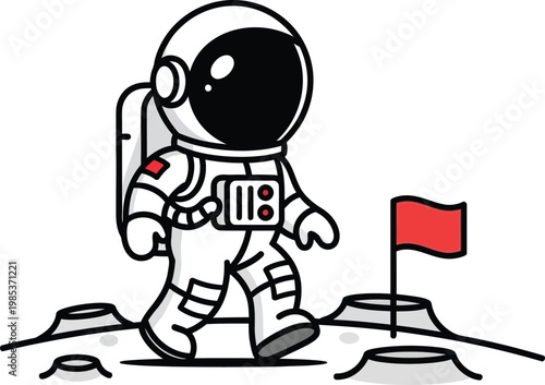Astronaut walking on moon surface with red flag, space exploration concept